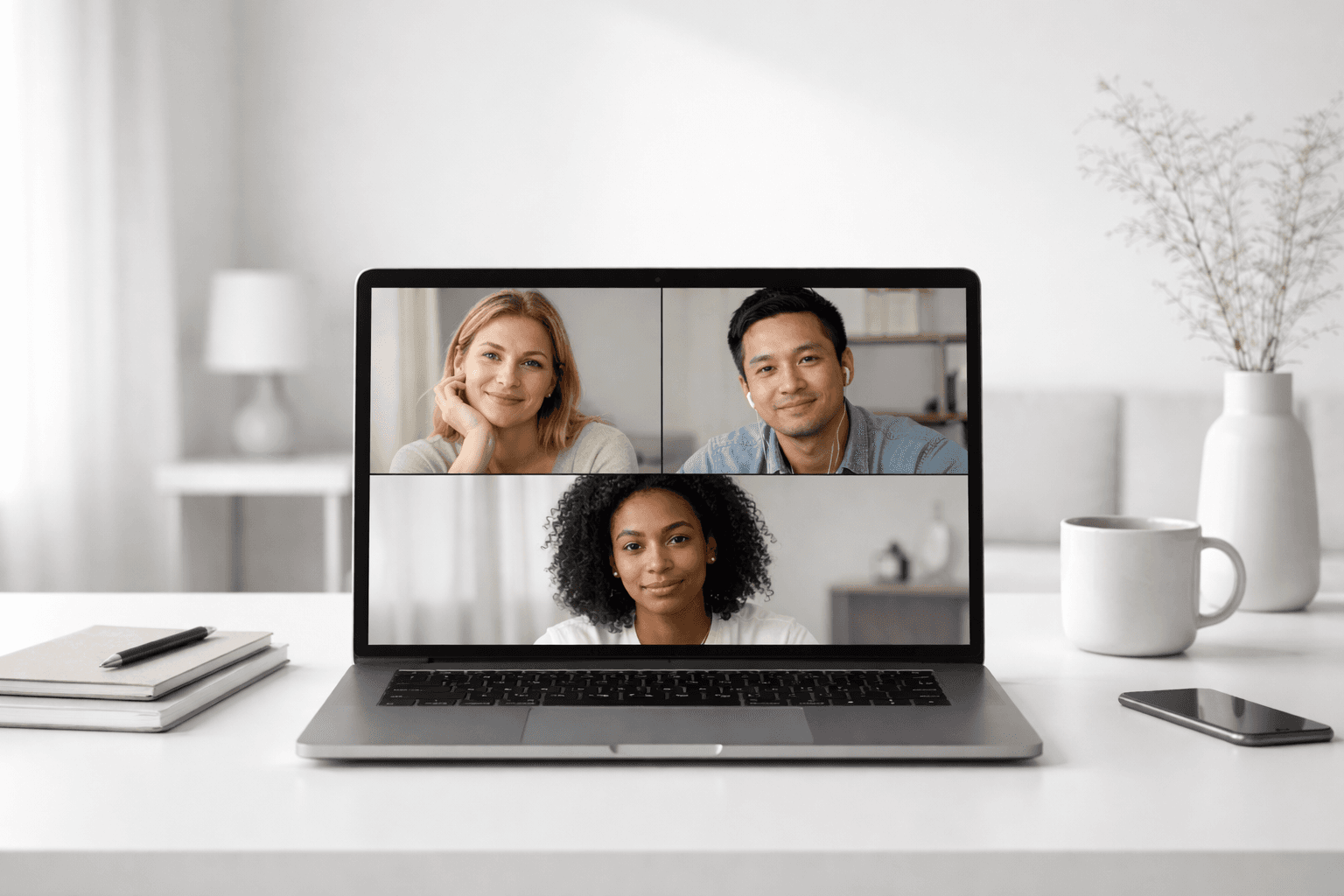 Remote meeting participants on a laptop screen