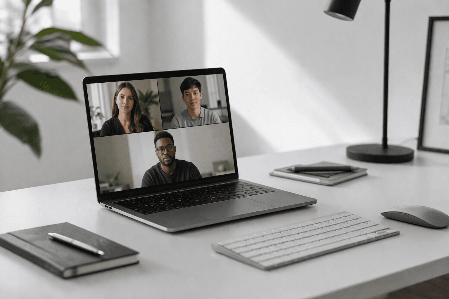 Minimal home office workspace prepared for starting a meeting